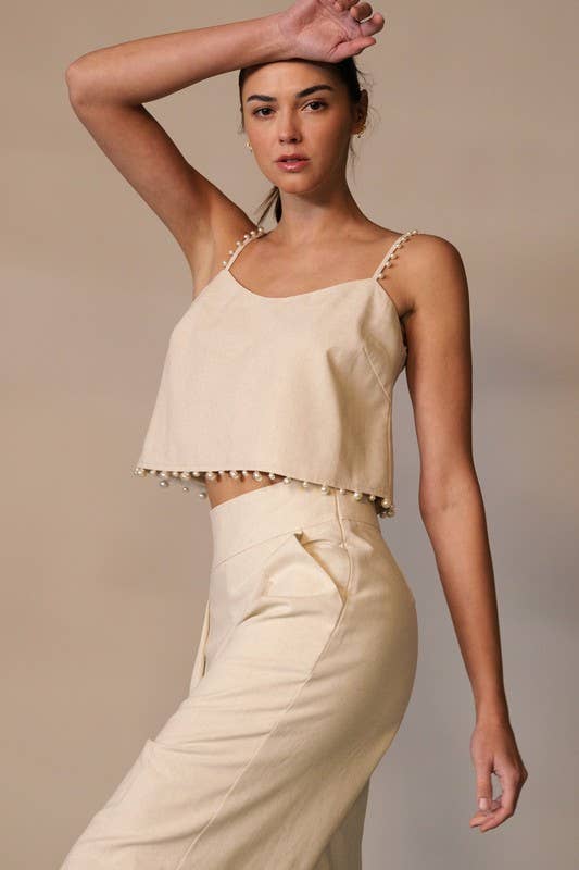 High-Waisted Wide-Leg Pants with Pearl Trim