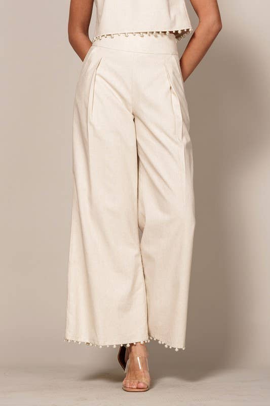 High-Waisted Wide-Leg Pants with Pearl Trim