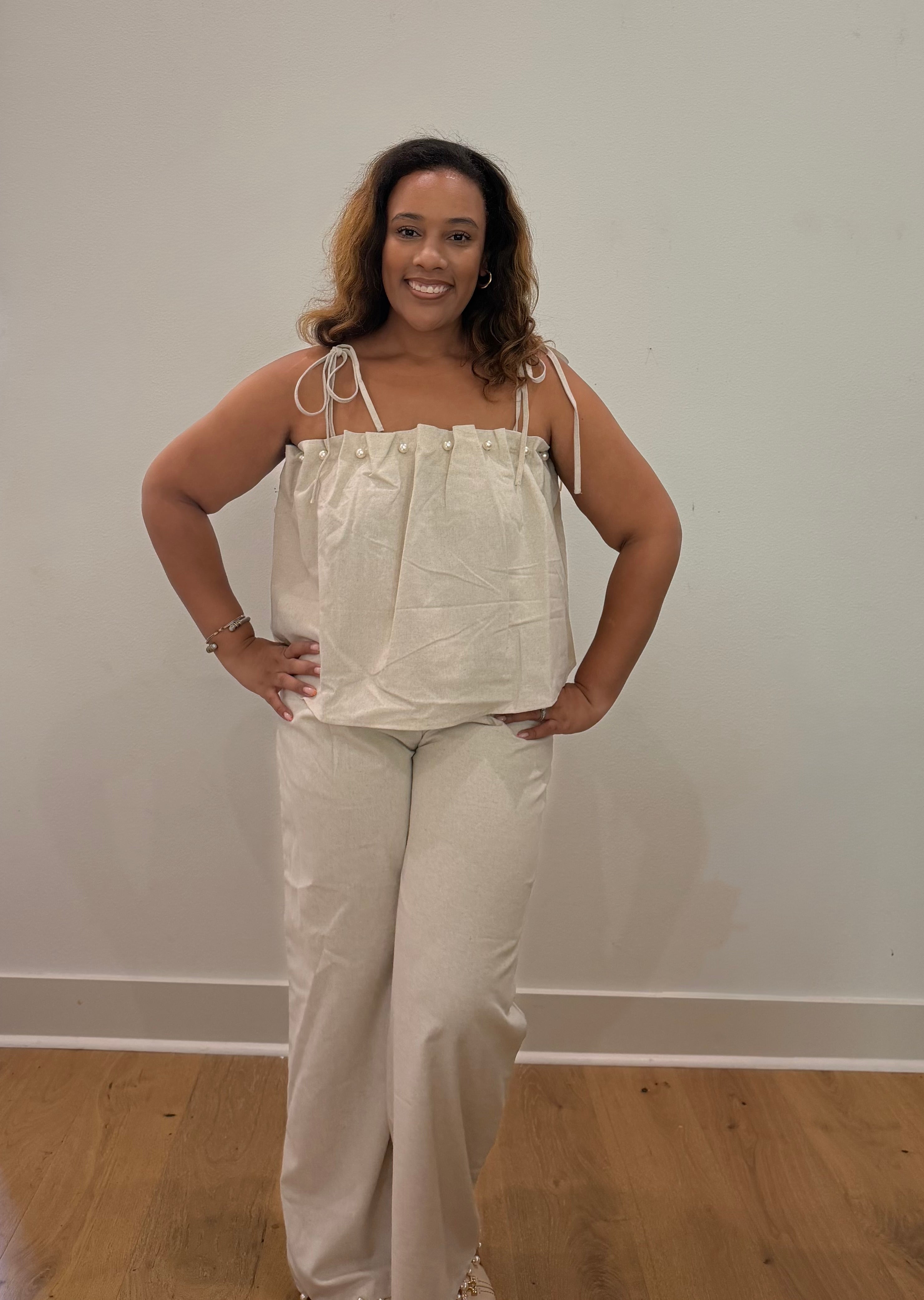 pearl embellished linen top