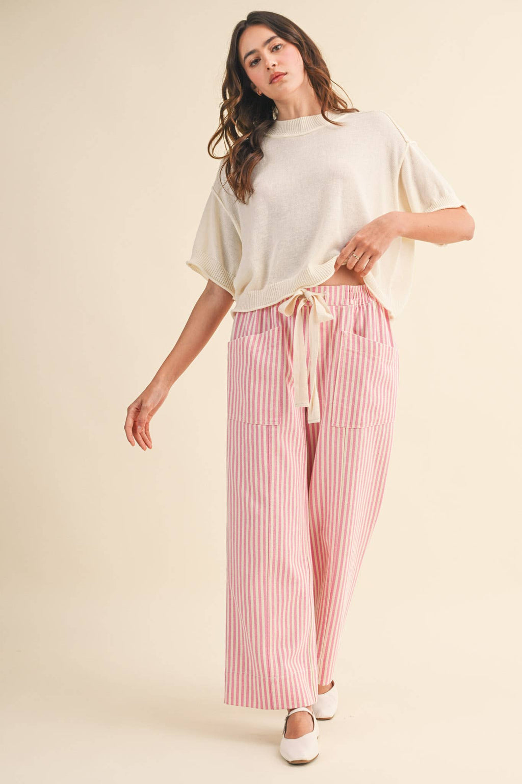 striped wide leg drawstring pants