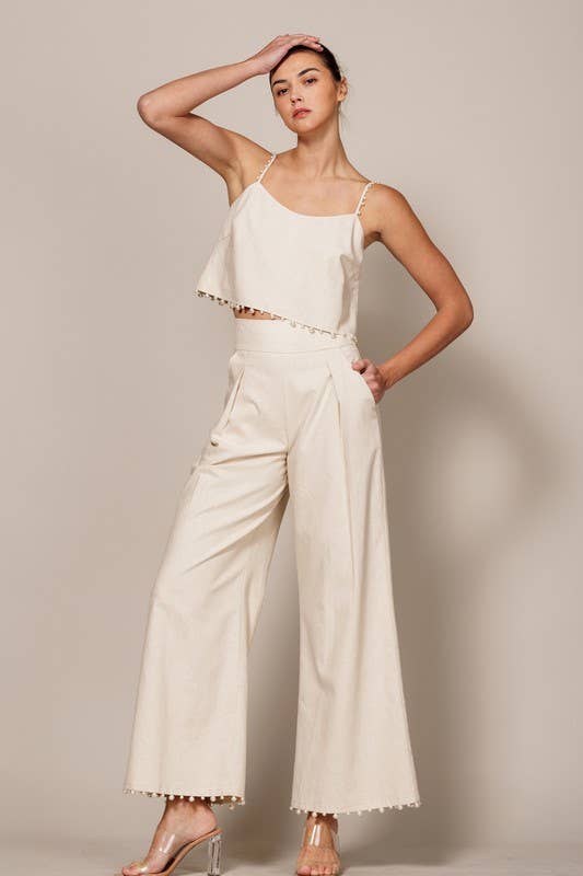 High-Waisted Wide-Leg Pants with Pearl Trim