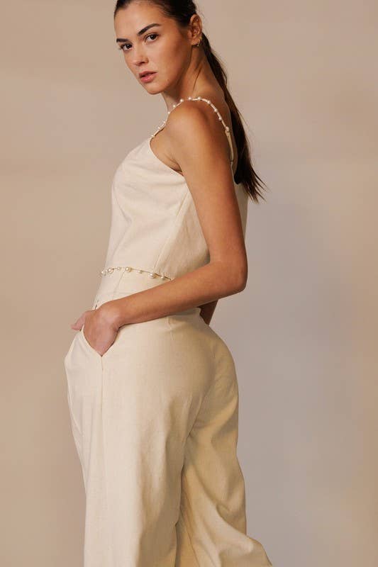 pearl-trimmed linen blend crop top