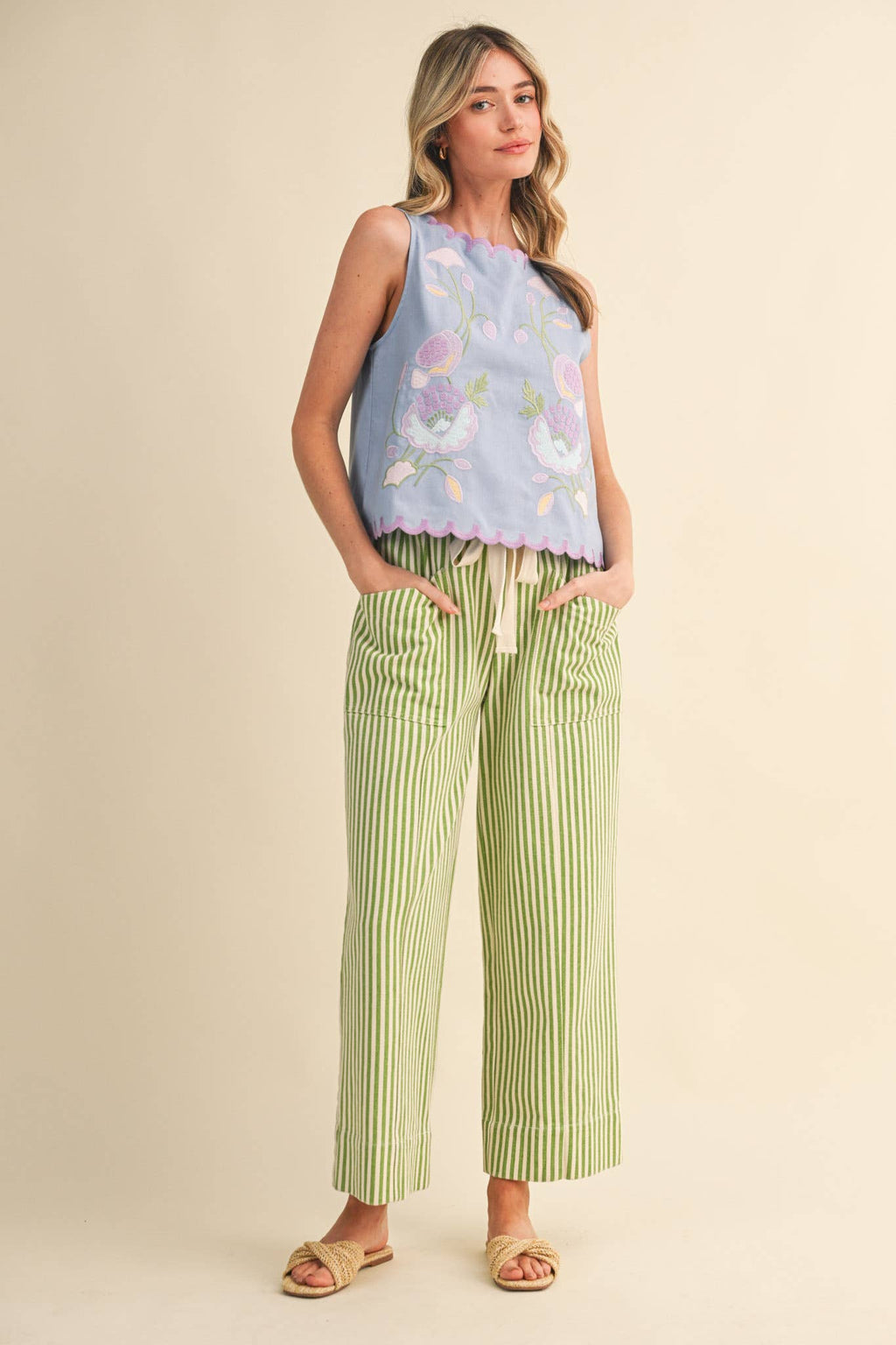 striped wide leg drawstring pants
