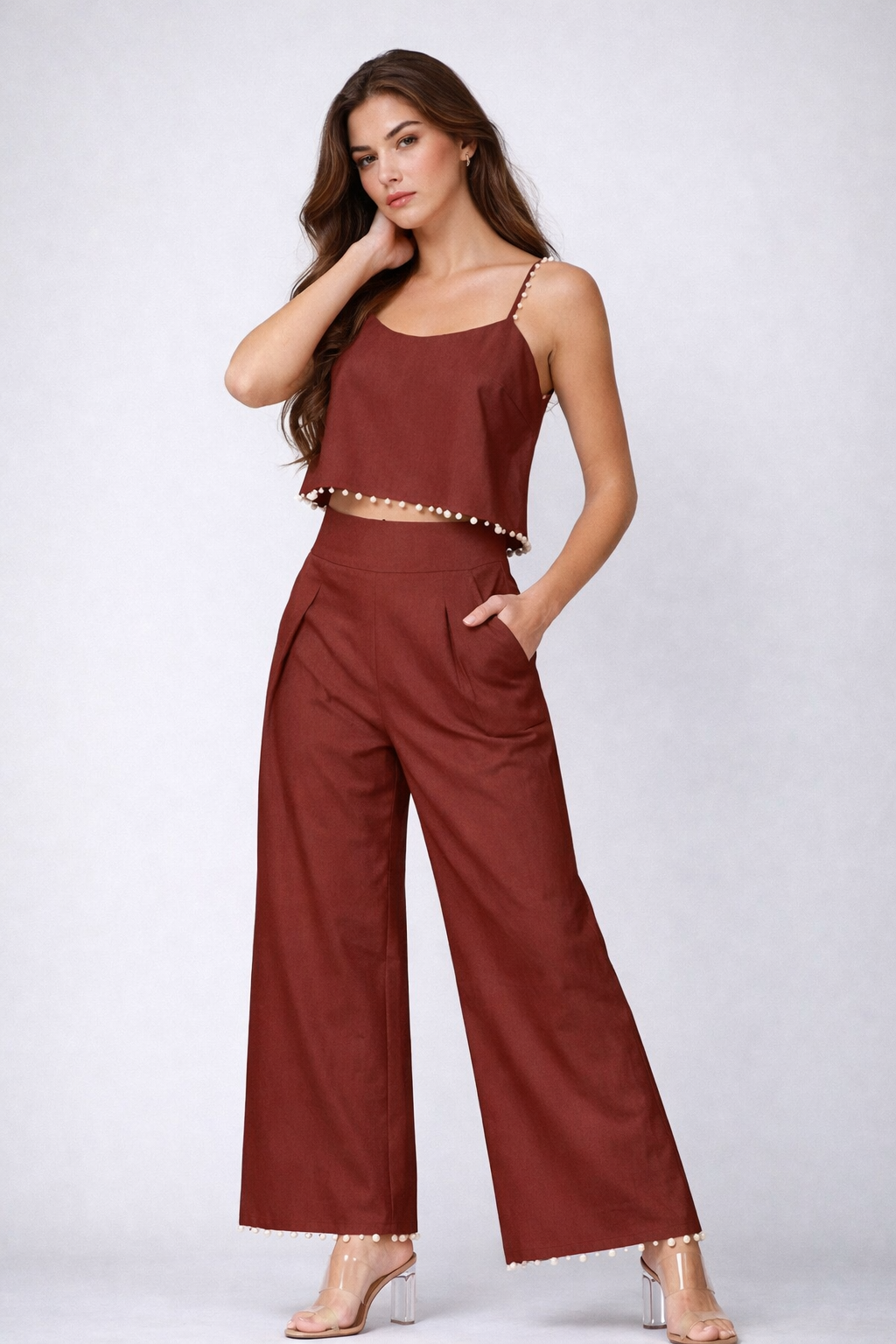 High-Waisted Wide-Leg Pants with Pearl Trim