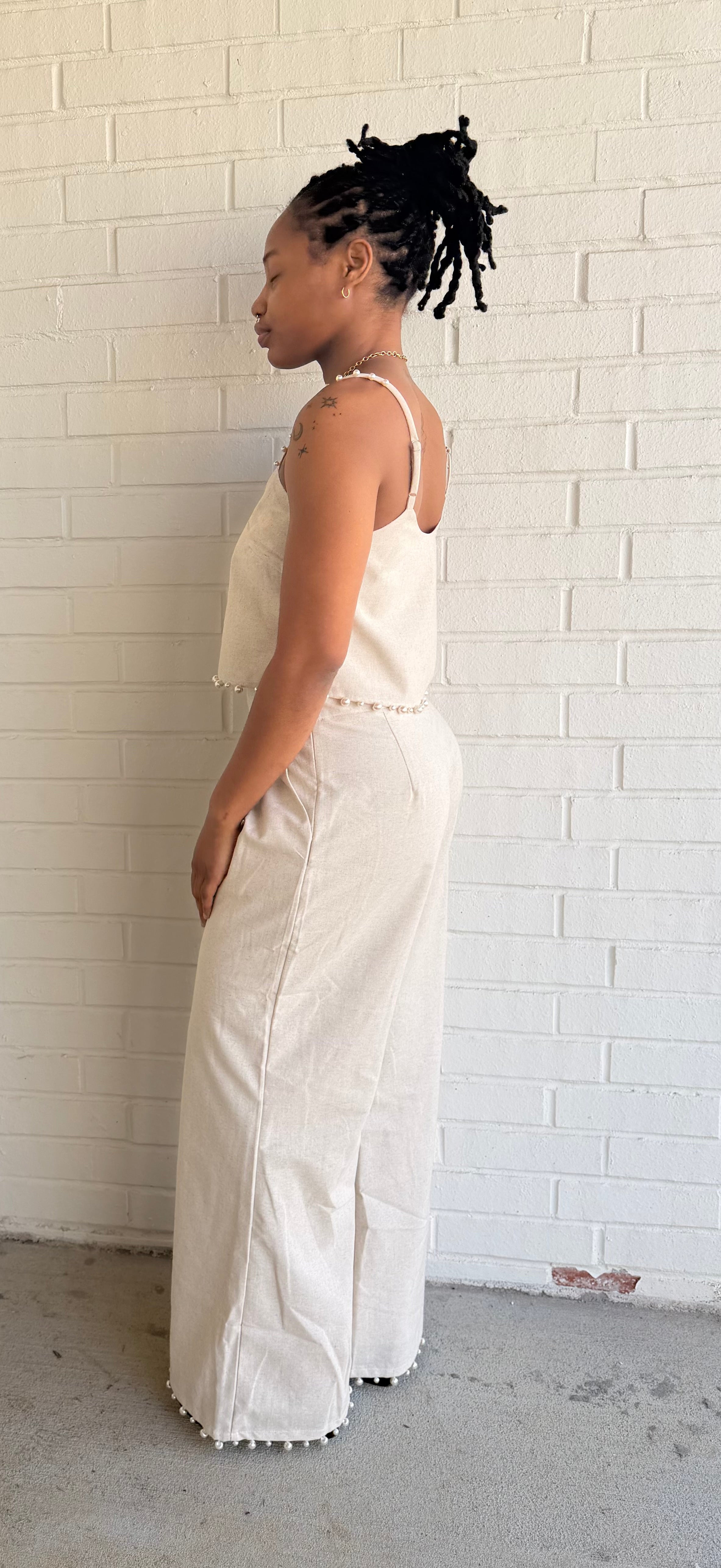 pearl-trimmed linen blend crop top