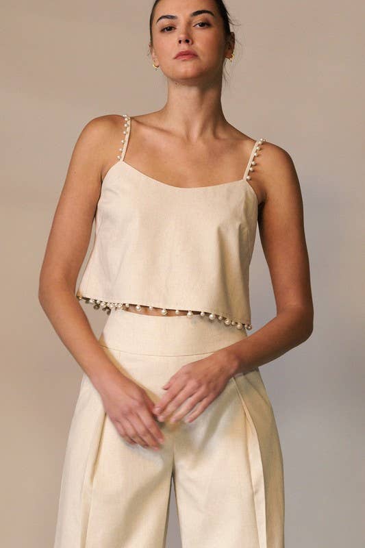 High-Waisted Wide-Leg Pants with Pearl Trim