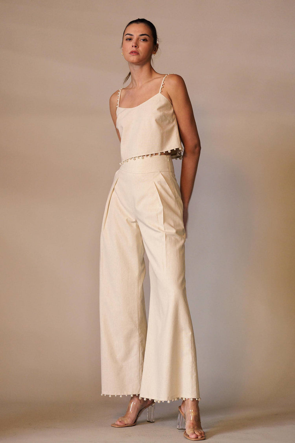 pearl-trimmed linen blend crop top