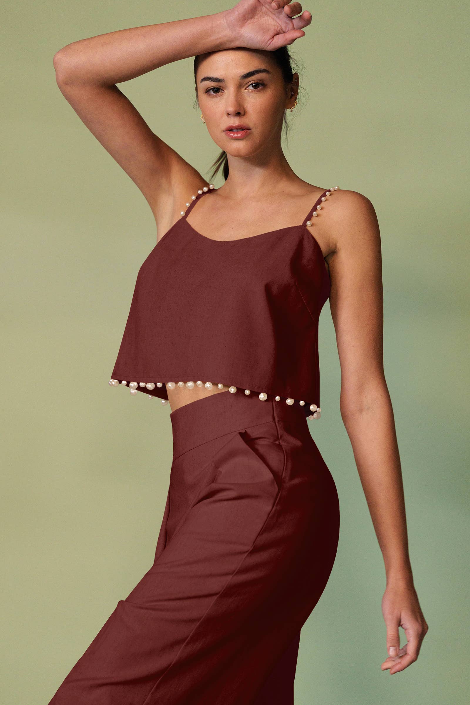High-Waisted Wide-Leg Pants with Pearl Trim