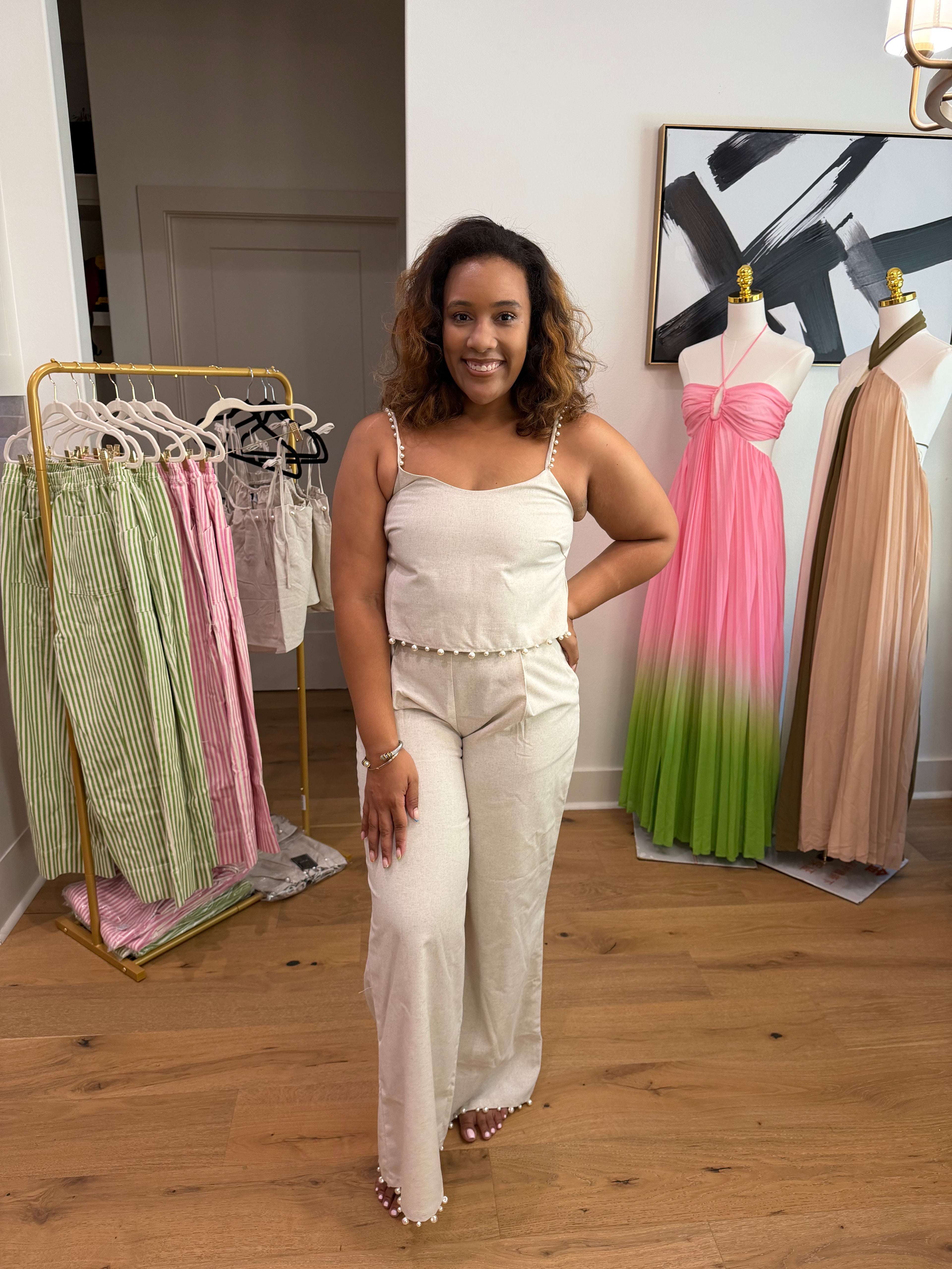 pearl-trimmed linen blend crop top