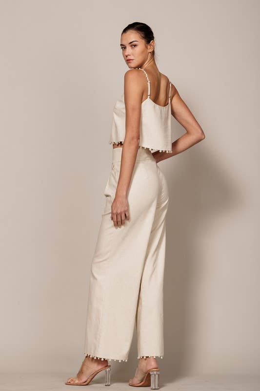 High-Waisted Wide-Leg Pants with Pearl Trim