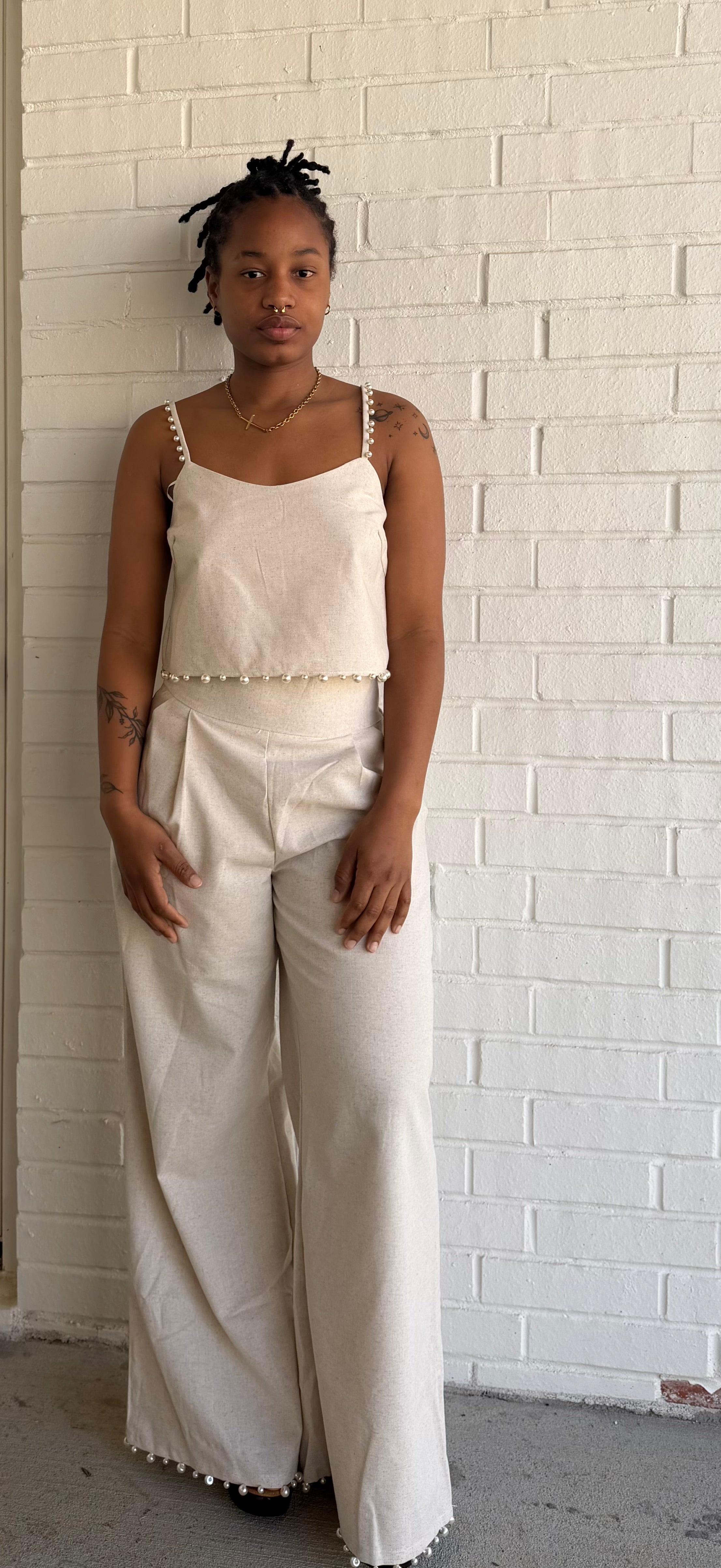 pearl-trimmed linen blend crop top