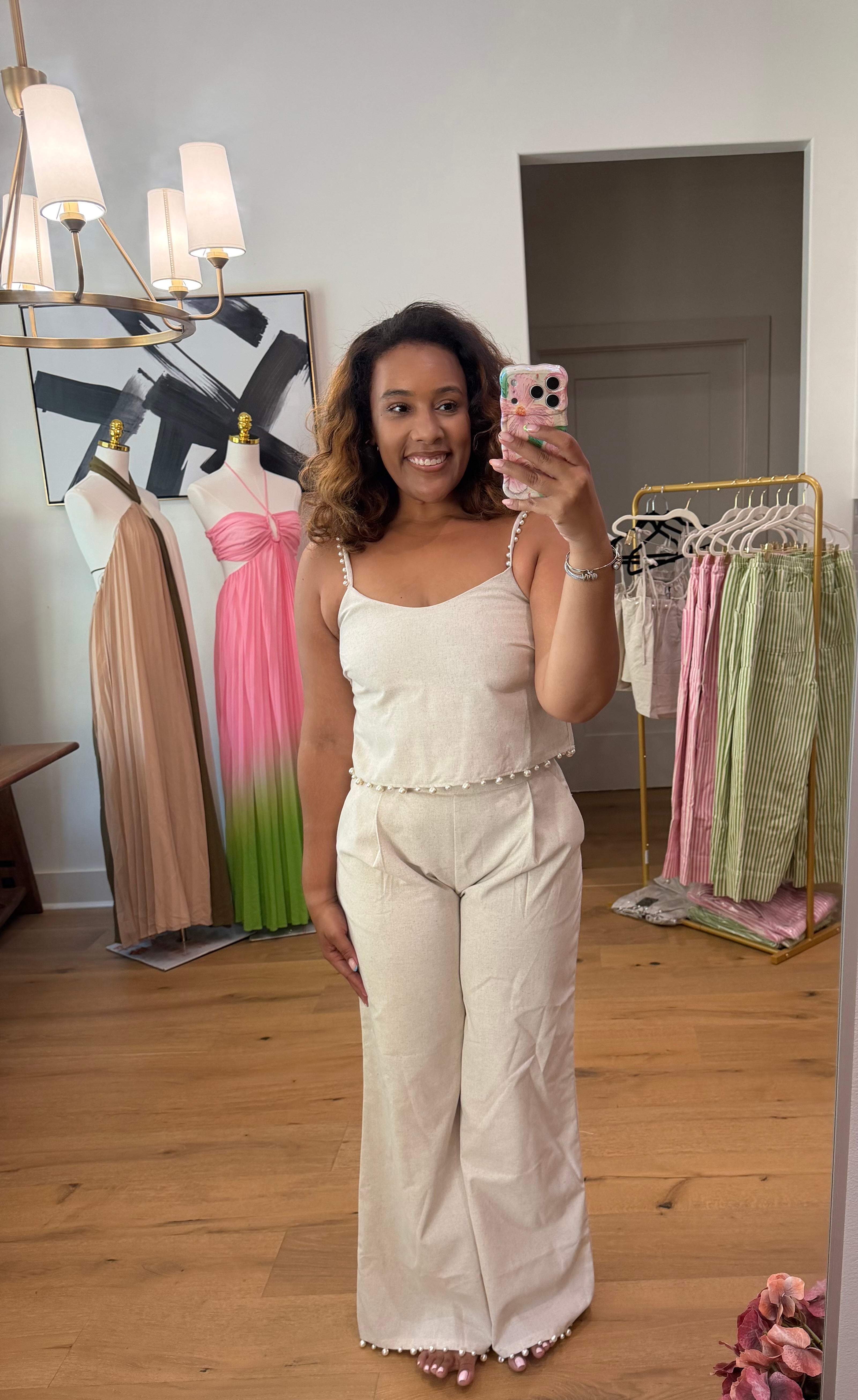 pearl-trimmed linen blend crop top