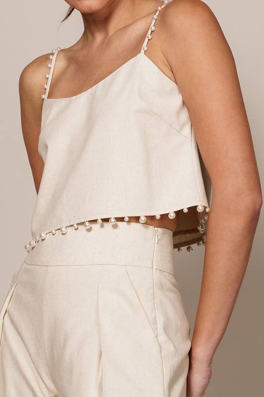 pearl-trimmed linen blend crop top