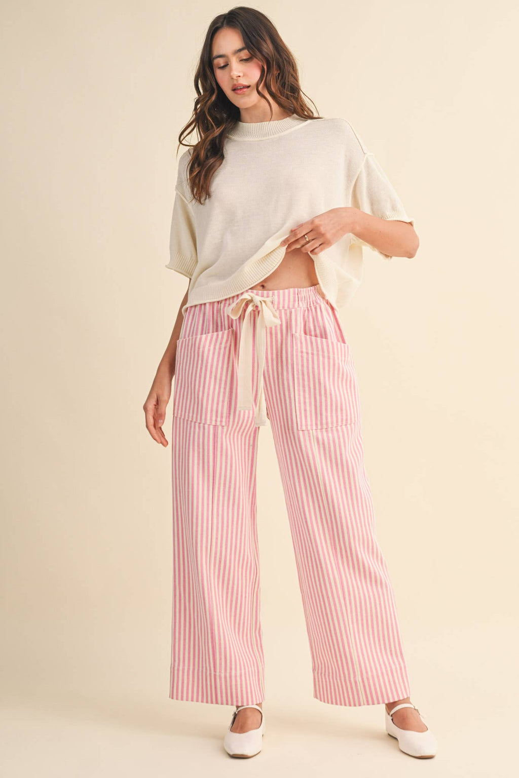 striped wide leg drawstring pants