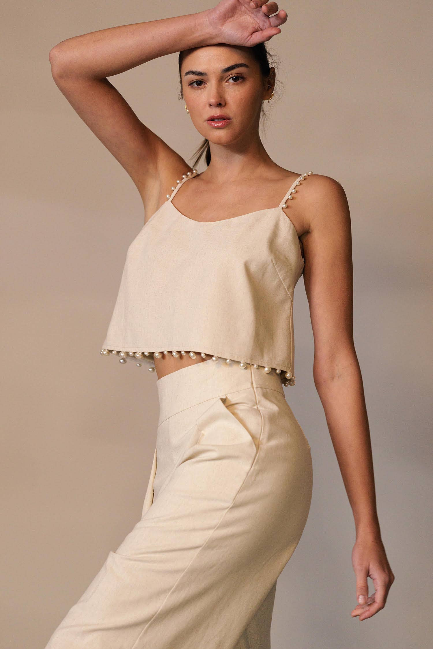 pearl-trimmed linen blend crop top