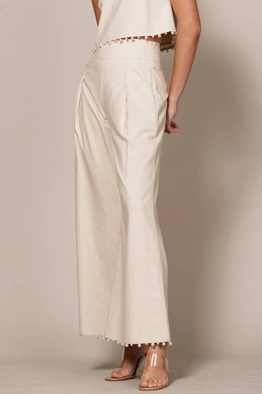 High-Waisted Wide-Leg Pants with Pearl Trim