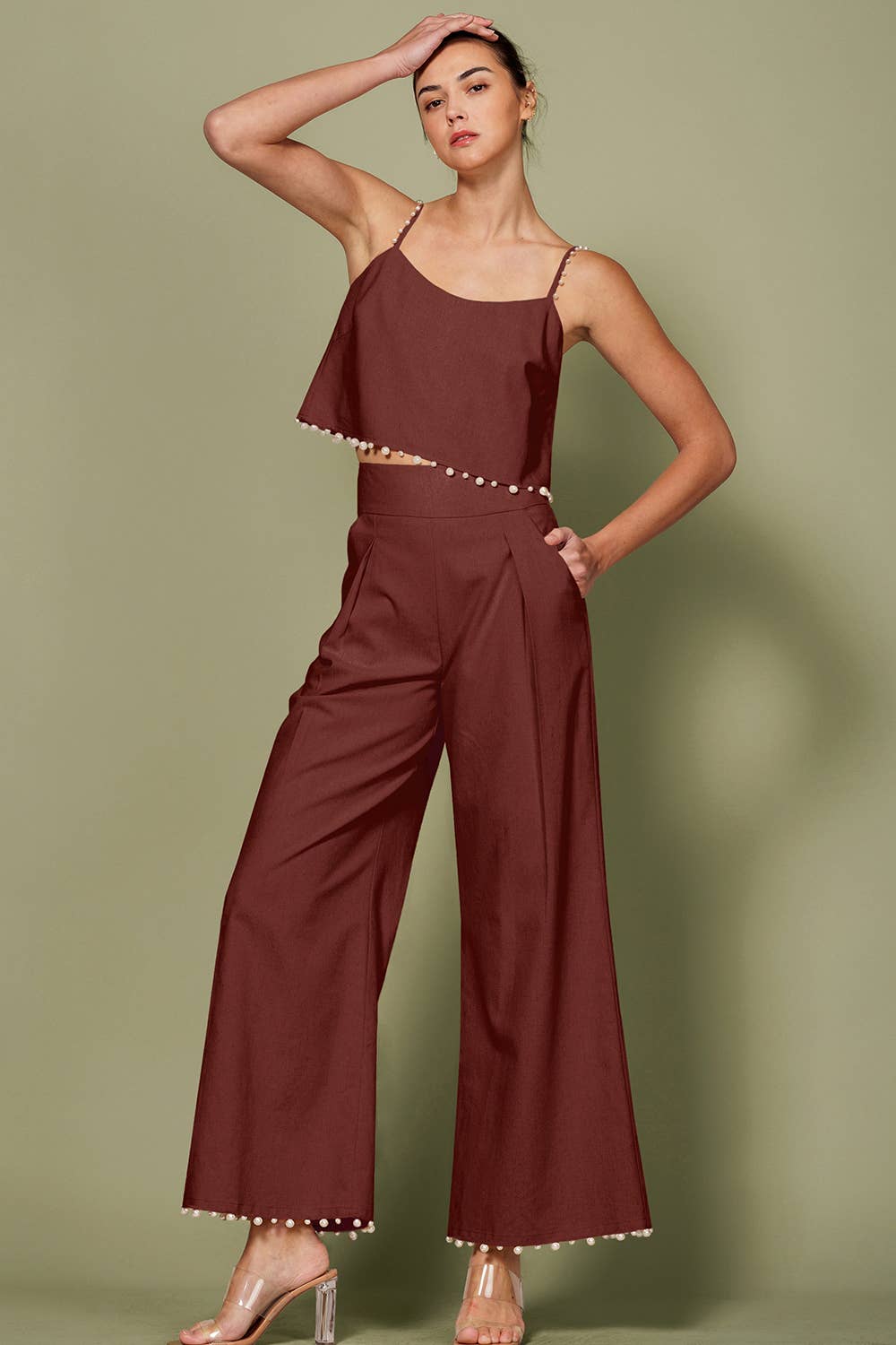 High-Waisted Wide-Leg Pants with Pearl Trim