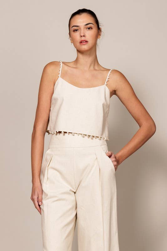 High-Waisted Wide-Leg Pants with Pearl Trim
